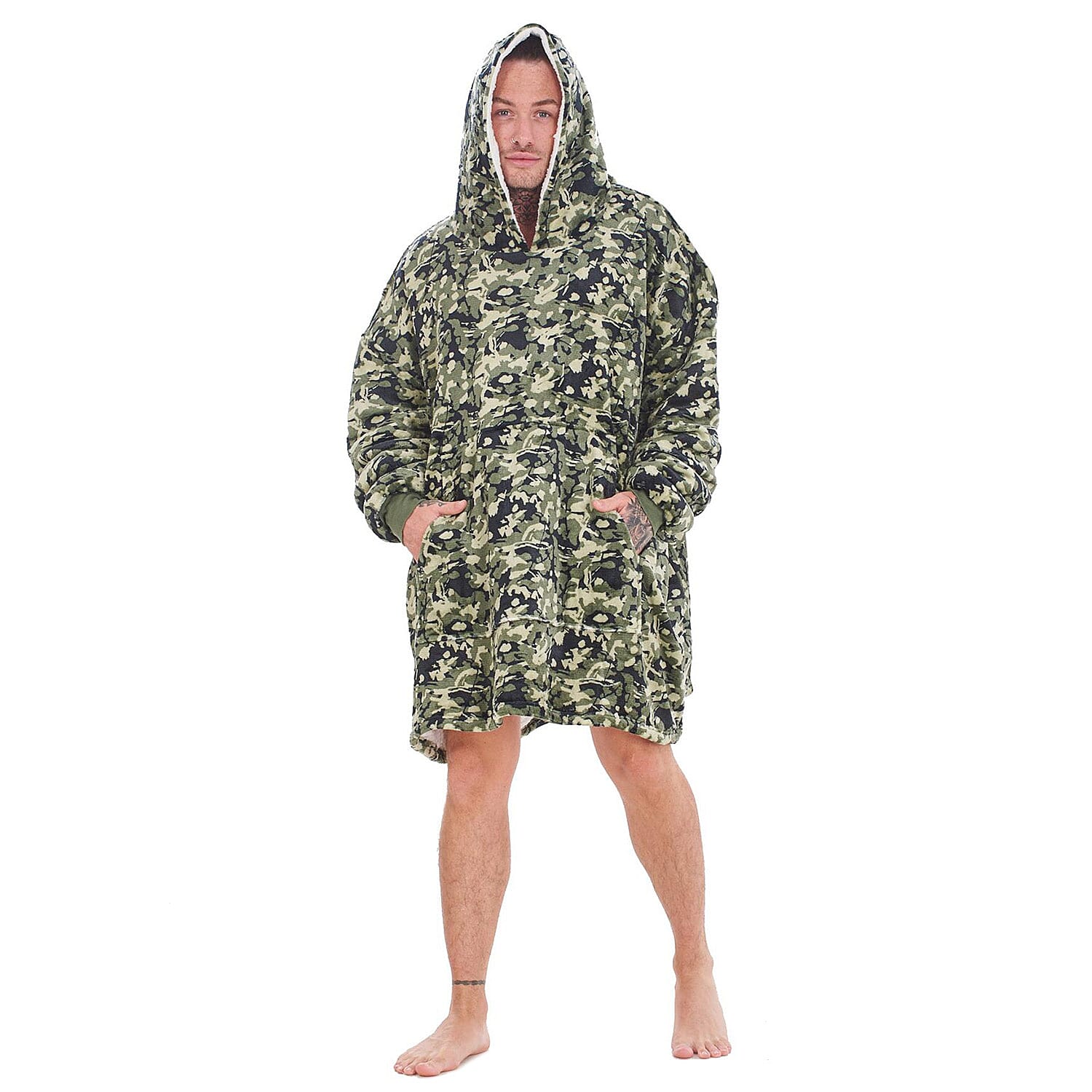 Adults Buffalo Oversized Fully Sherpa-Lined Blanket Hoodie With Pockets (One Size) - Green - Black Camoflage