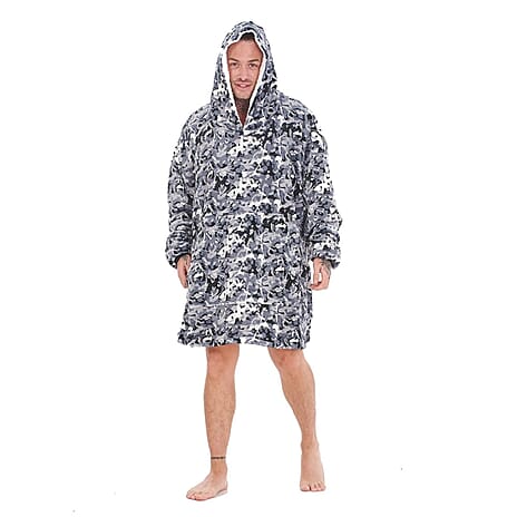 Adult Oversized Fully Sherpa-Lined Blanket Hoodie With Pockets (One Size) - White Black Camoflage
