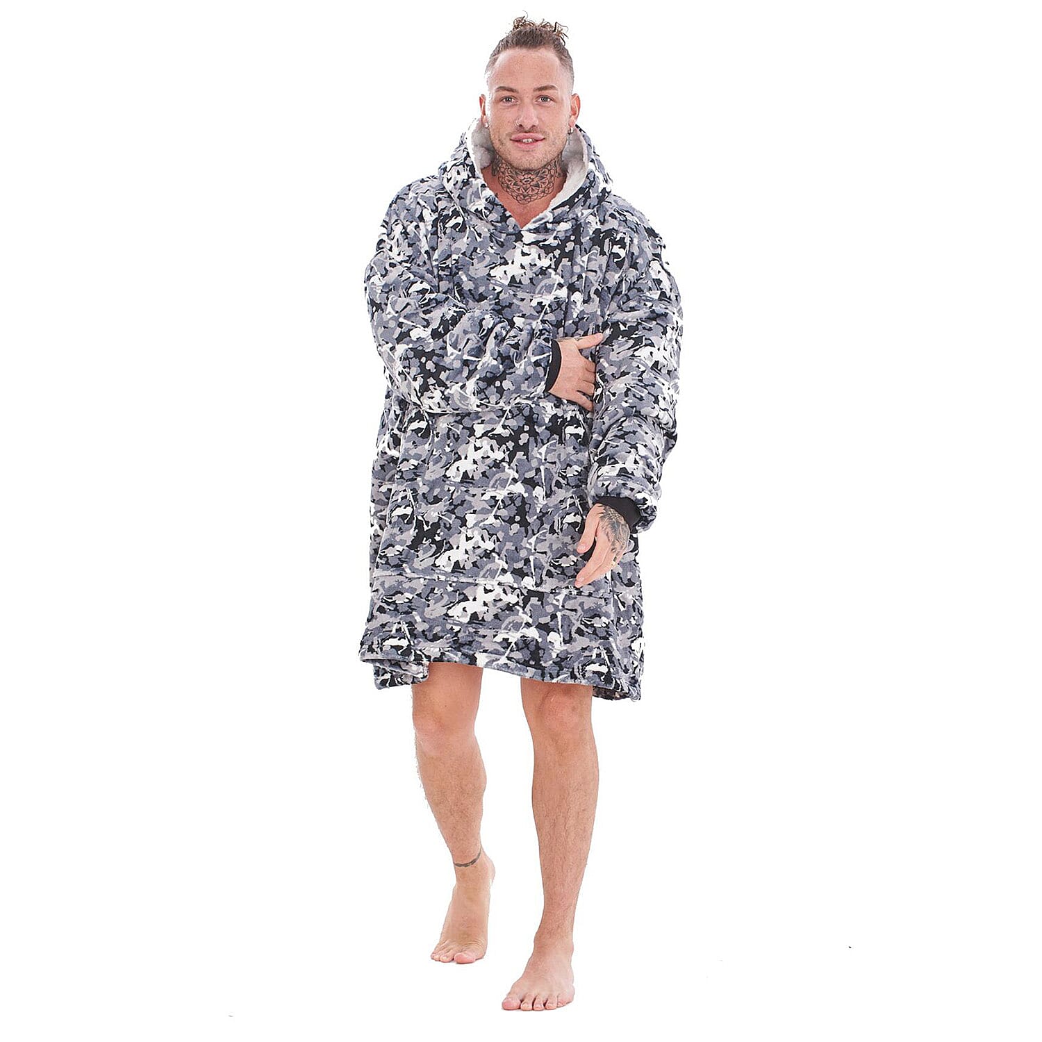 Adult Oversized Fully Sherpa-Lined Blanket Hoodie With Pockets (One Size) - White Black Camoflage