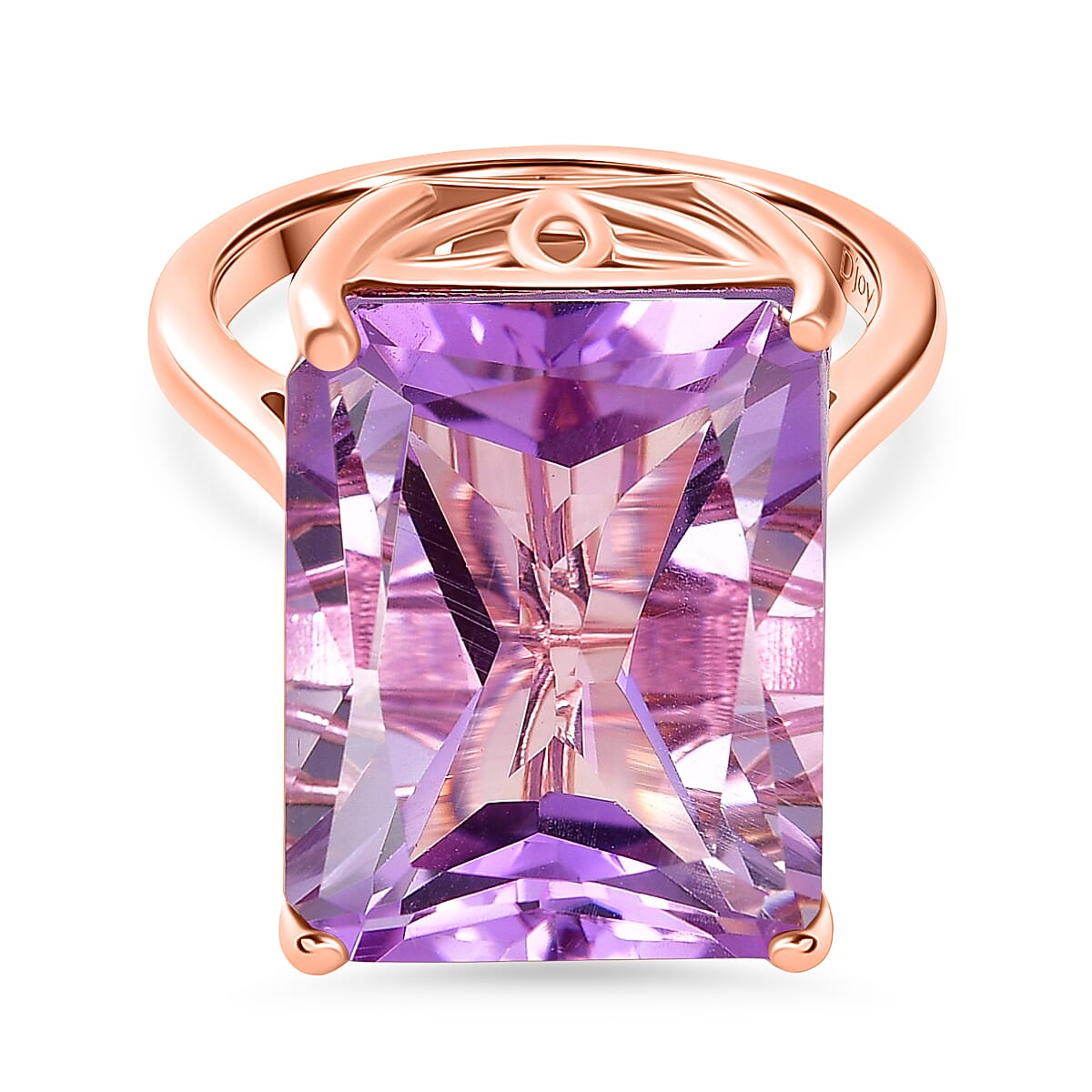D'Joy Rose De France RADIANT CUT Amethyst Solitaire Ring in 18K Vermeil Rose Gold Plated Sterling Silver 15.36 Ct.