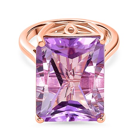 D'Joy Rose De France RADIANT CUT Amethyst Solitaire Ring in 18K Vermeil Rose Gold Plated Sterling Silver 15.36 Ct.