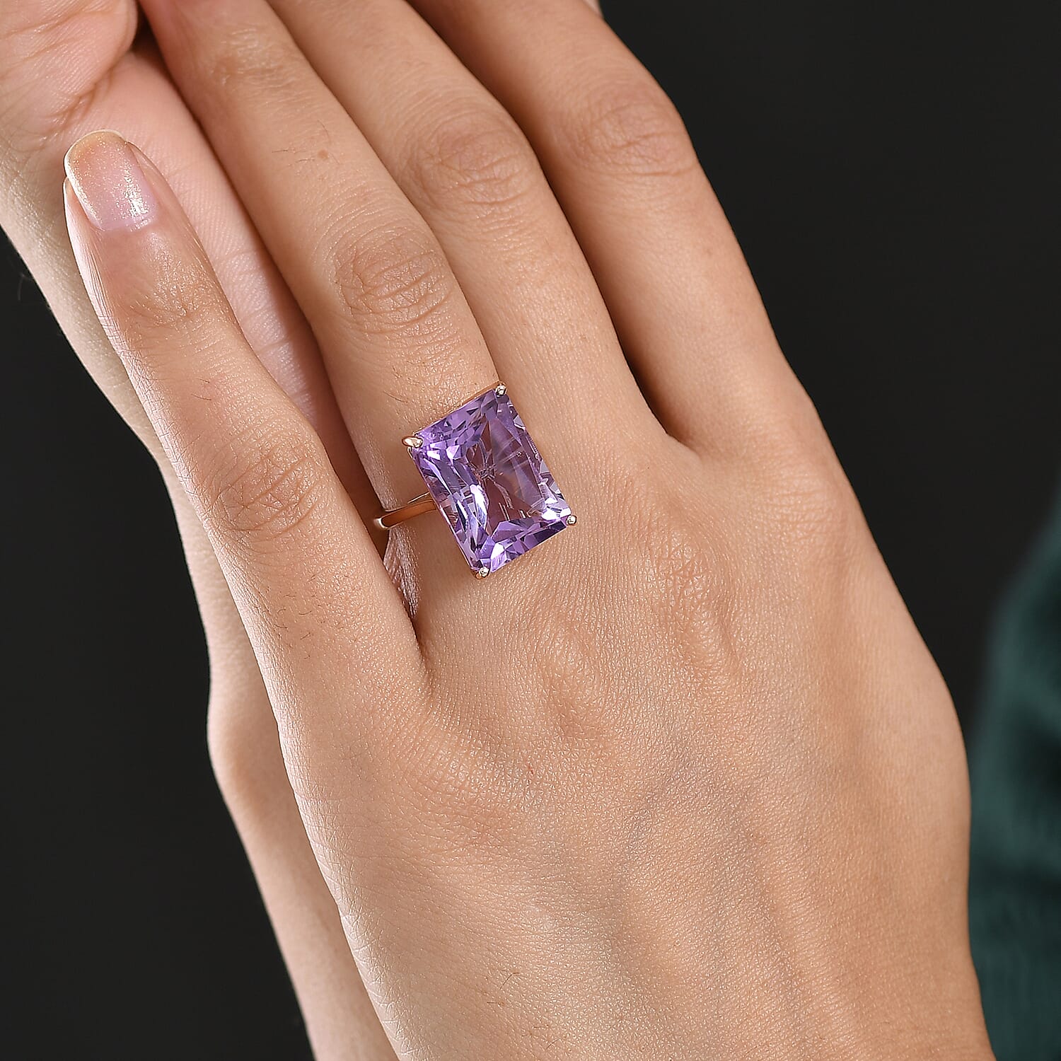 D'Joy Rose De France RADIANT CUT Amethyst Solitaire Ring in 18K Vermeil Rose Gold Plated Sterling Silver 15.36 Ct.