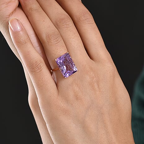 D'Joy Rose De France RADIANT CUT Amethyst Solitaire Ring in 18K Vermeil Rose Gold Plated Sterling Silver 15.36 Ct.