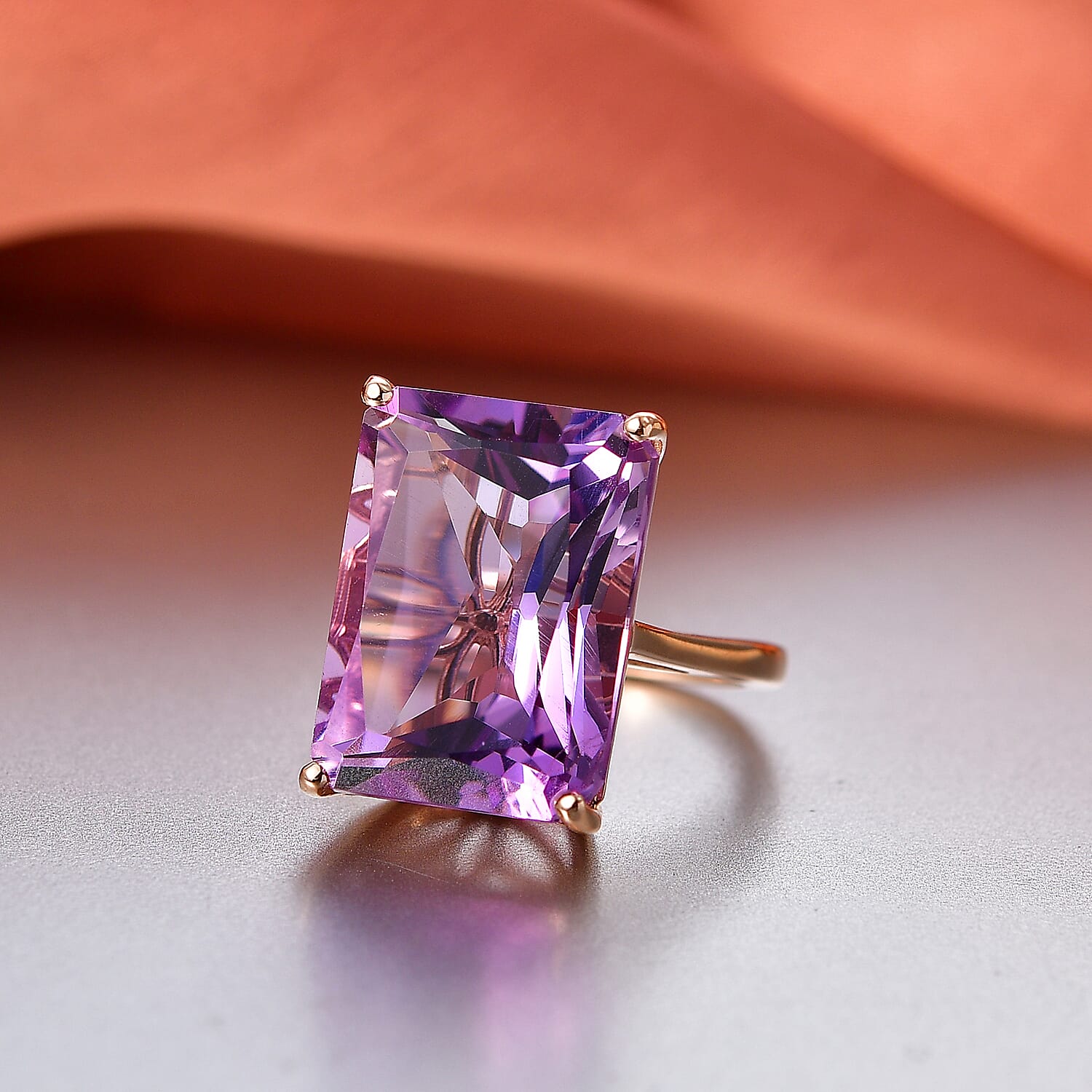 D'Joy Rose De France RADIANT CUT Amethyst Solitaire Ring in 18K Vermeil Rose Gold Plated Sterling Silver 15.36 Ct.
