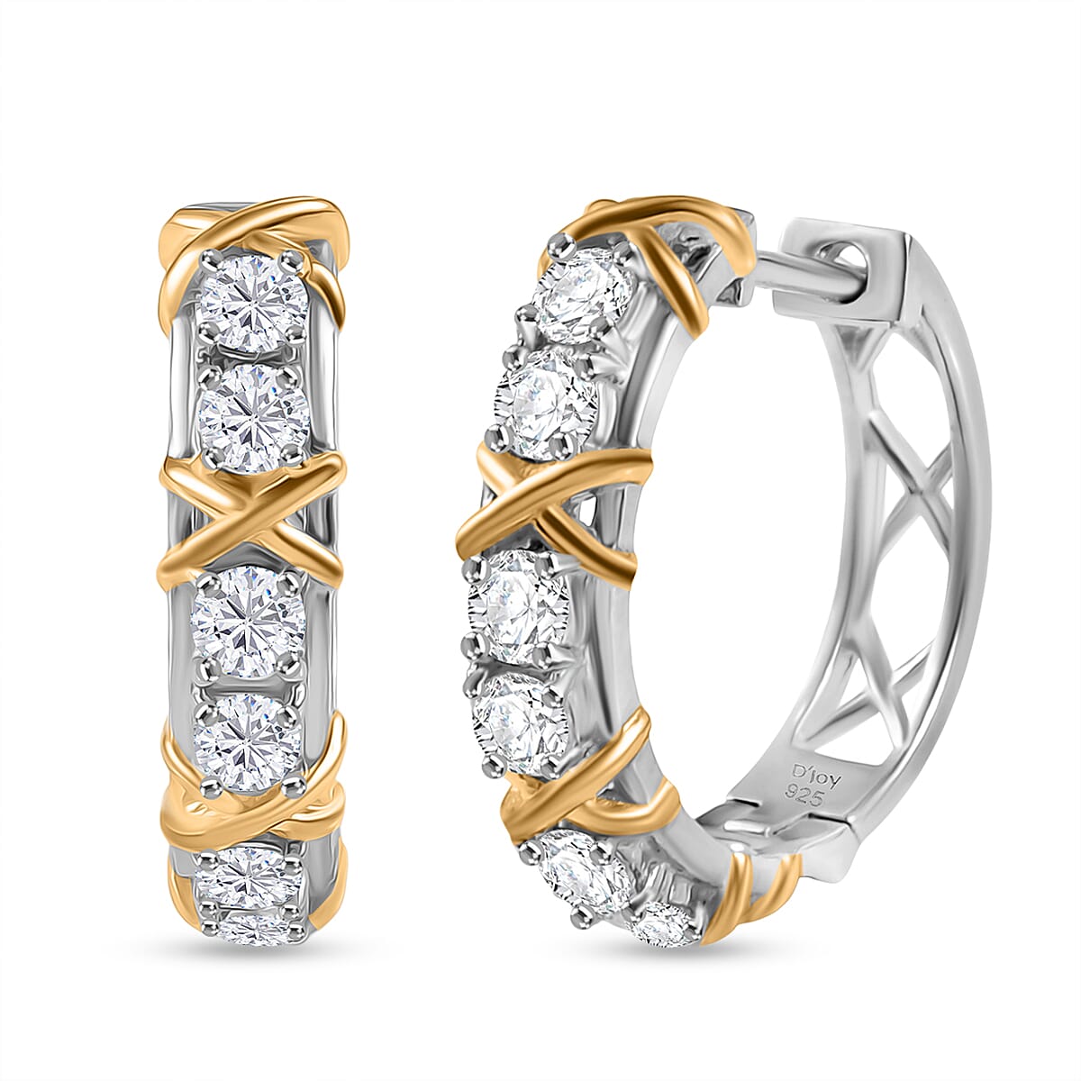 D'Joy Moissanite Earring with Clasp in 18K vermeil Yellow Gold Plated and Platinum Overlay Sterling Silver 1.23 Ct.