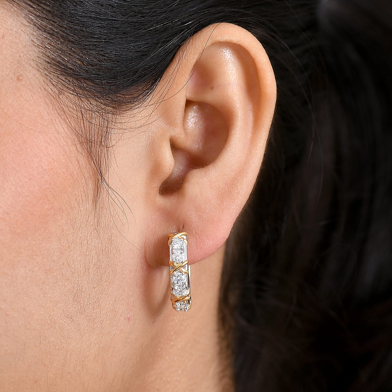 D'Joy Moissanite Earring with Clasp in 18K vermeil Yellow Gold Plated and Platinum Overlay Sterling Silver 1.23 Ct.