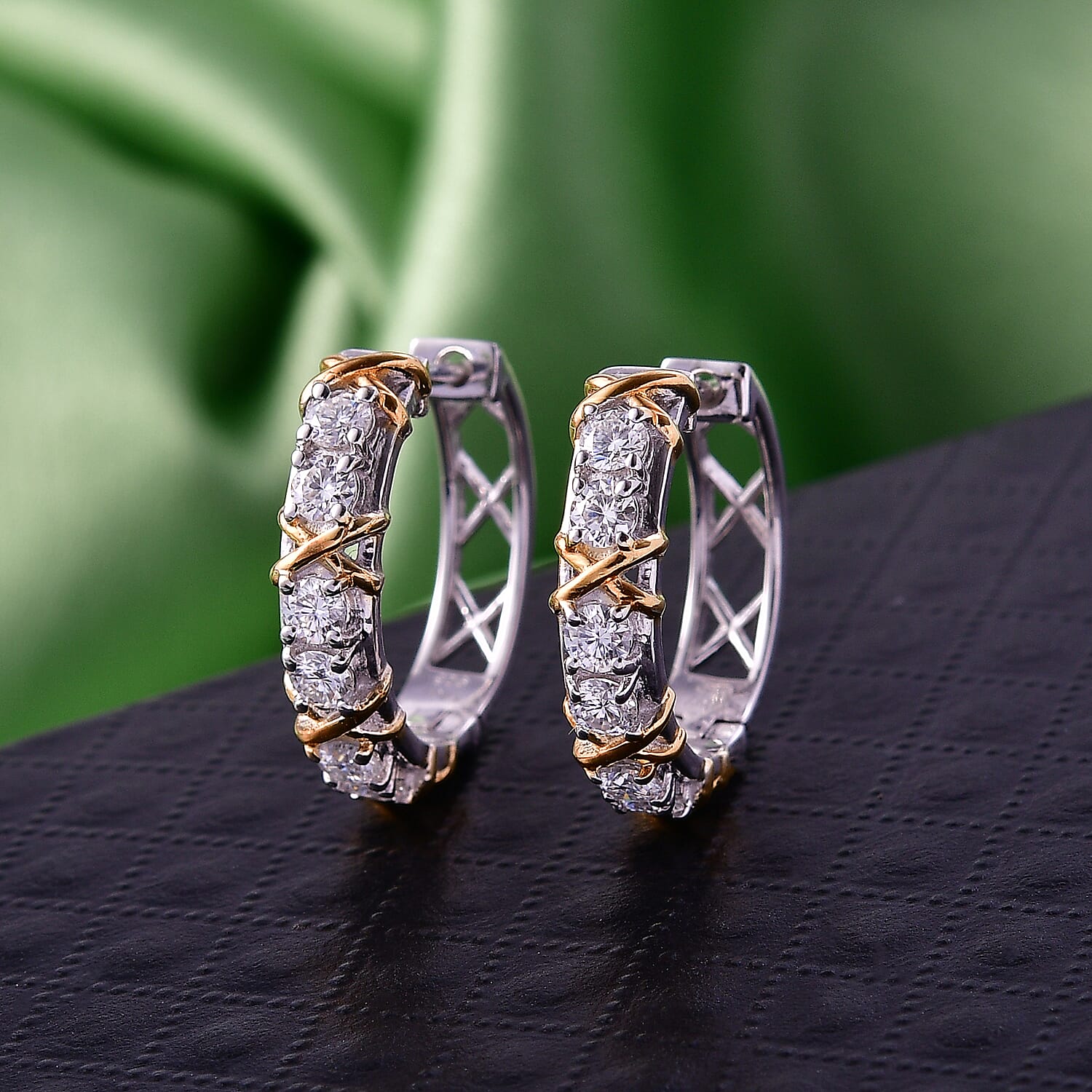D'Joy Moissanite Earring with Clasp in 18K vermeil Yellow Gold Plated and Platinum Overlay Sterling Silver 1.23 Ct.