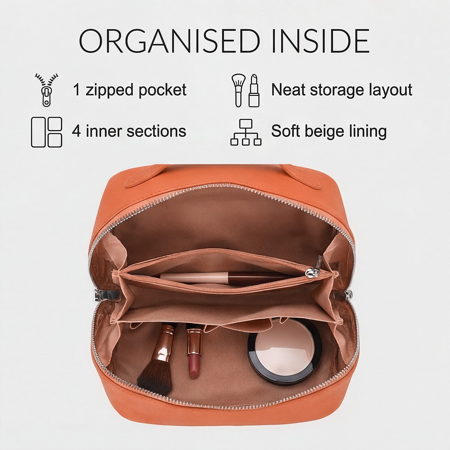 Genuine Leather Luxury Compact Cosmetic Travel Bag - Orange