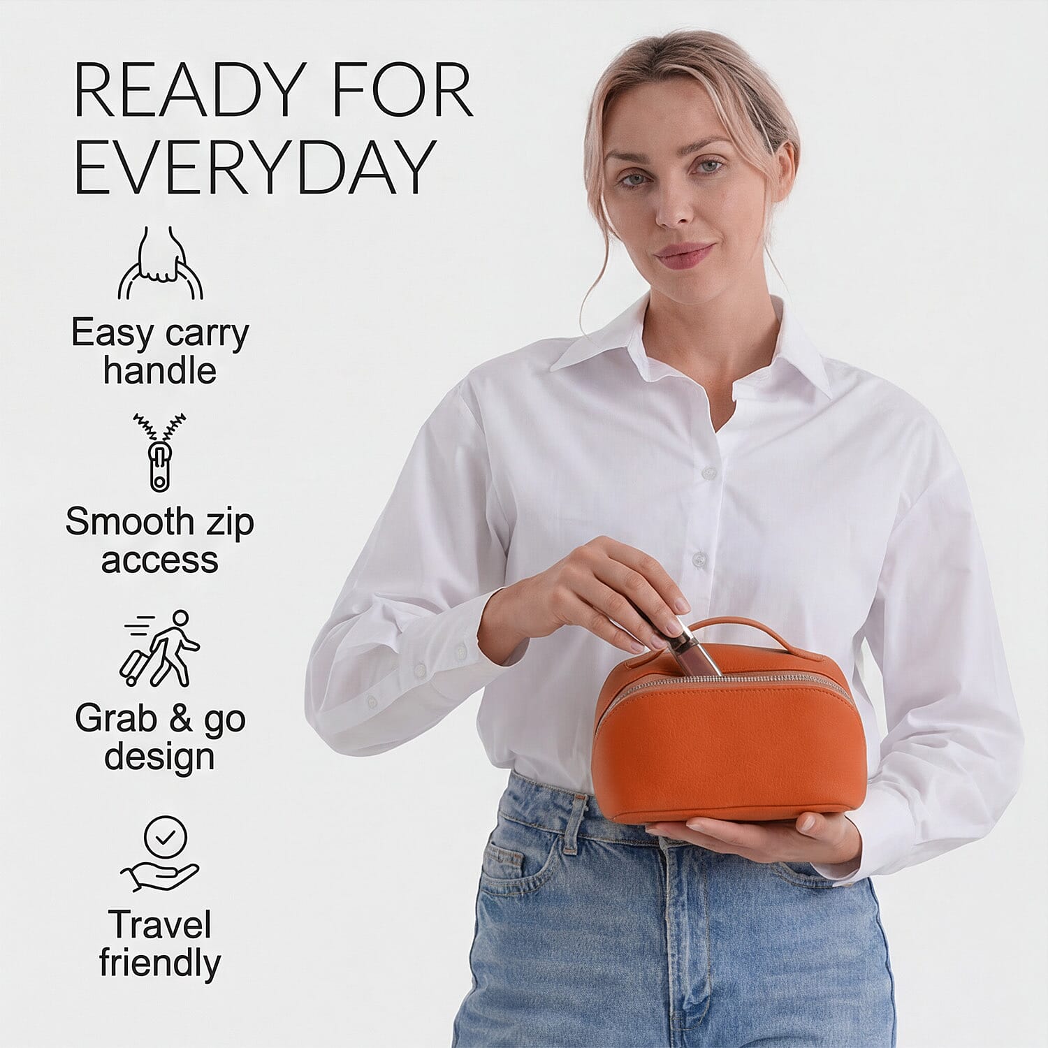 Genuine Leather Luxury Compact Cosmetic Travel Bag - Orange