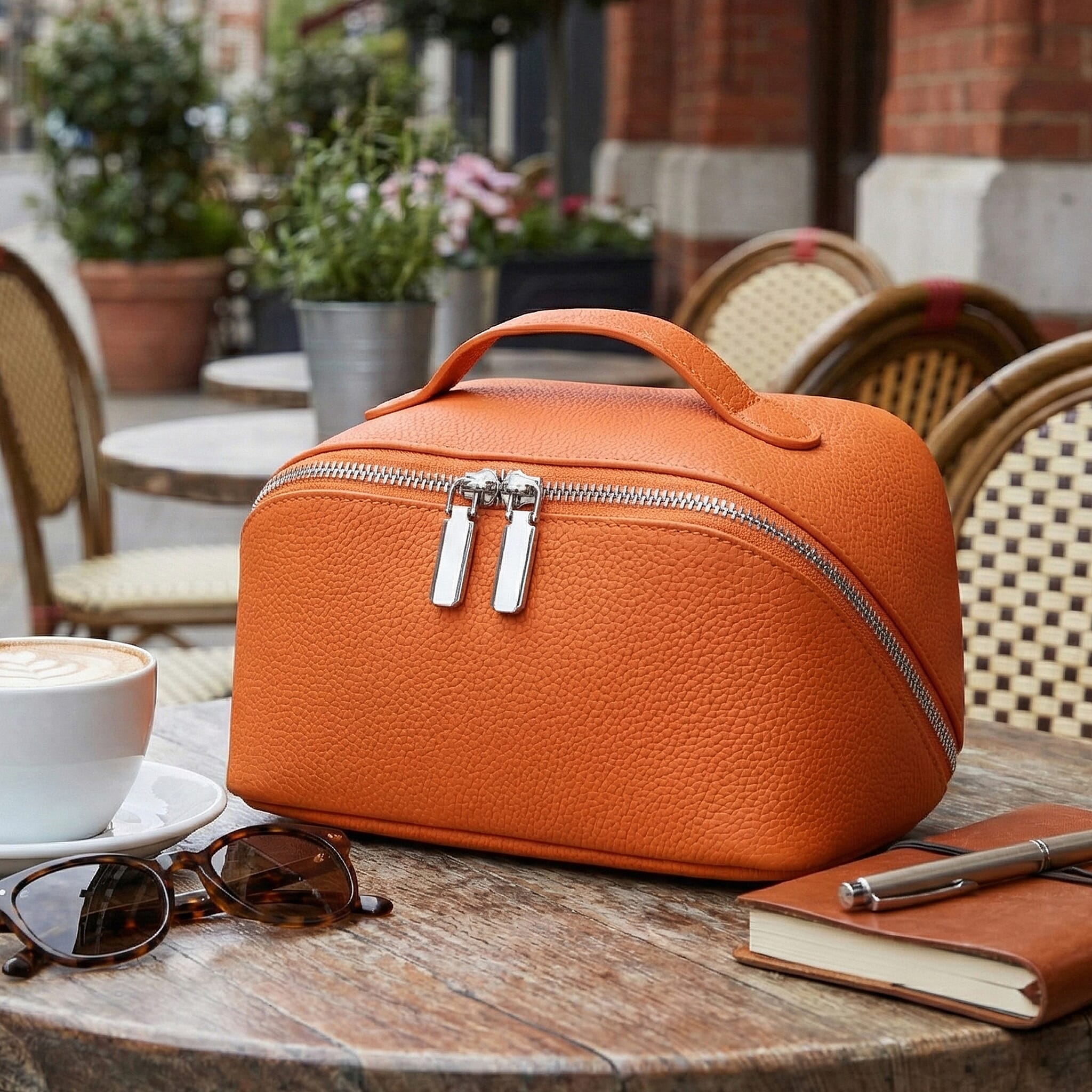 Genuine Leather Luxury Compact Cosmetic Travel Bag - Orange