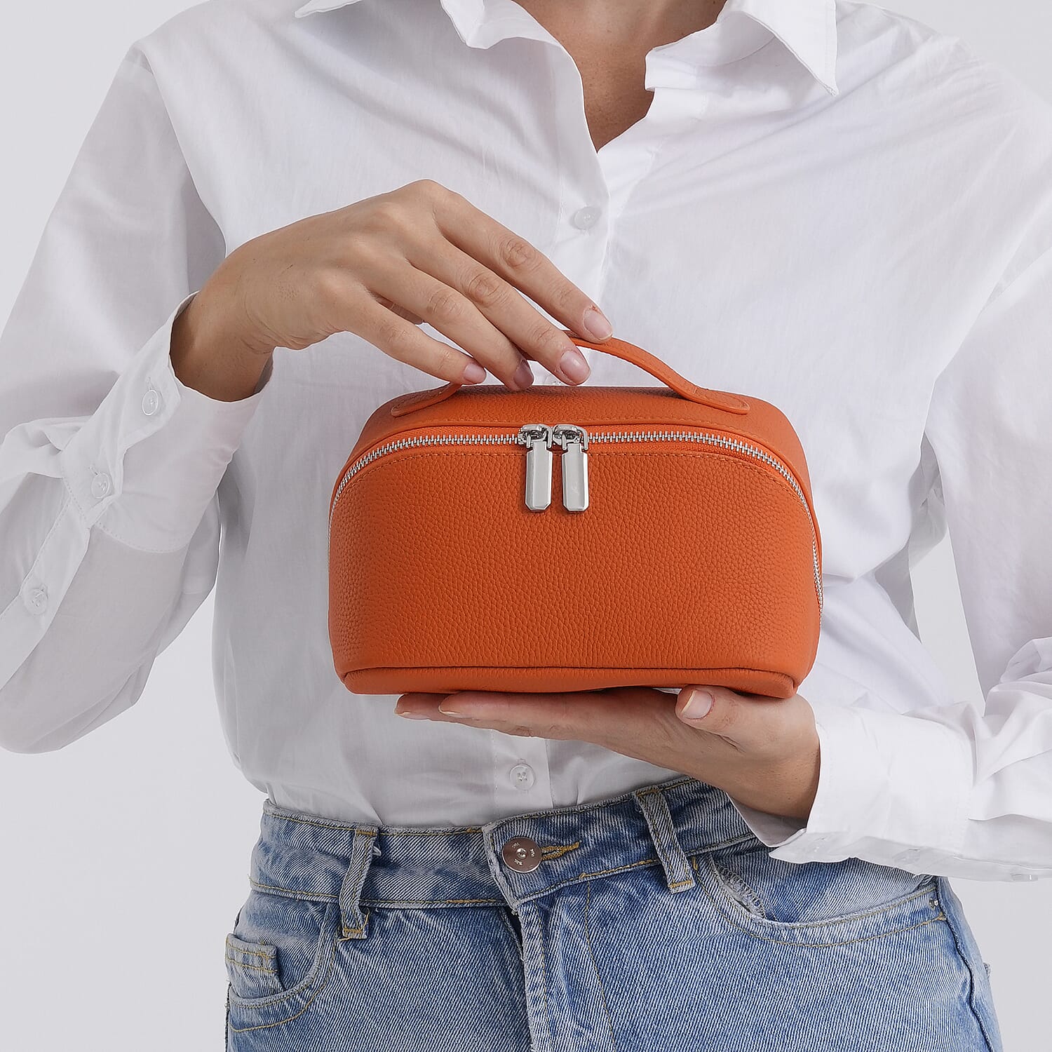 Genuine Leather Luxury Compact Cosmetic Travel Bag - Orange