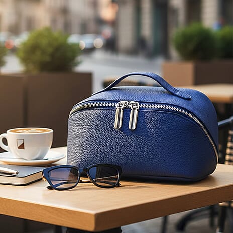 Genuine Leather Luxury Compact Cosmetic Travel Bag - Blue