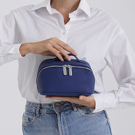 Genuine Leather Luxury Compact Cosmetic Travel Bag - Blue