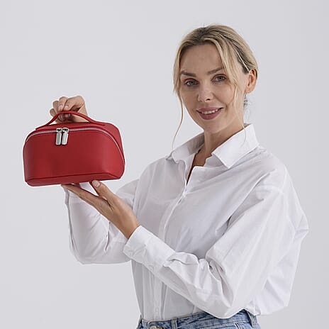 Genuine Leather Luxury Compact Cosmetic Travel Bag - Red