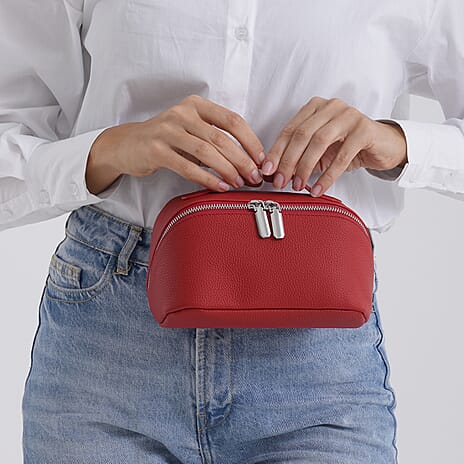 Genuine Leather Luxury Compact Cosmetic Travel Bag - Red