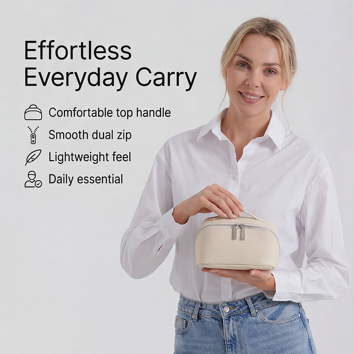 Genuine Leather Luxury Compact Cosmetic Travel Bag - Off-White