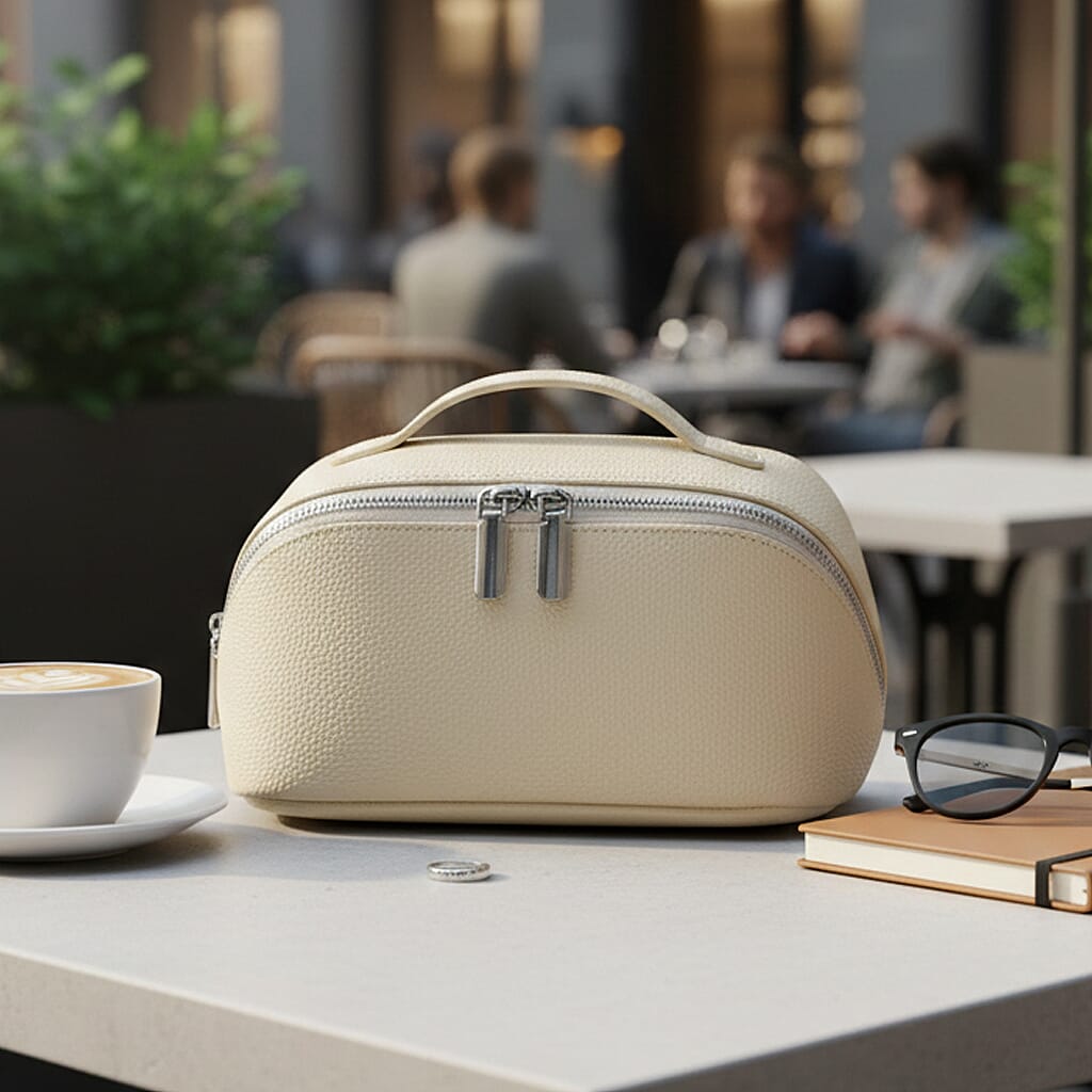 Genuine Leather Luxury Compact Cosmetic Travel Bag - Off-White