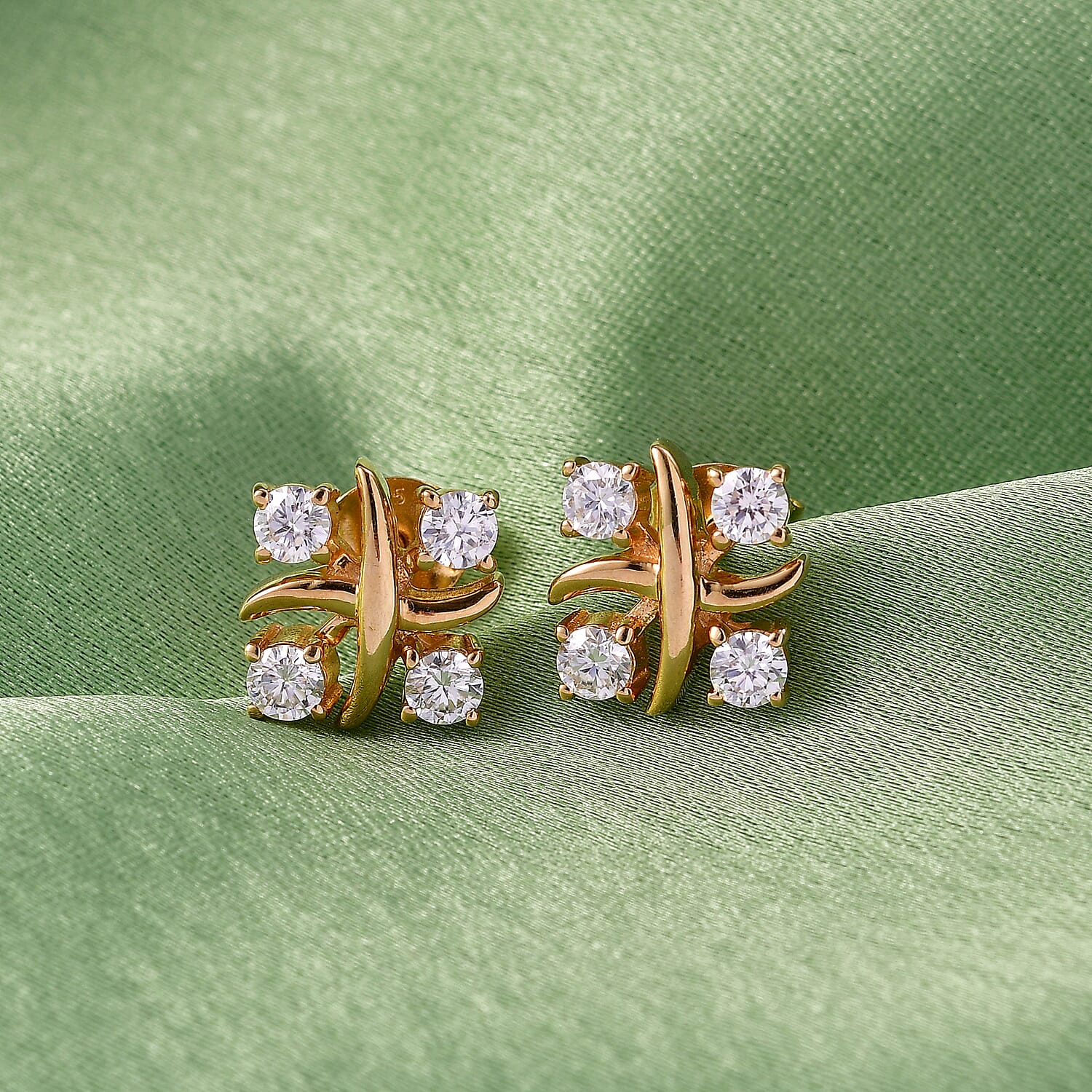 D'Joy Moissanite Cluster Earring with Push Back in Yellow Gold  Plated Sterling Silver