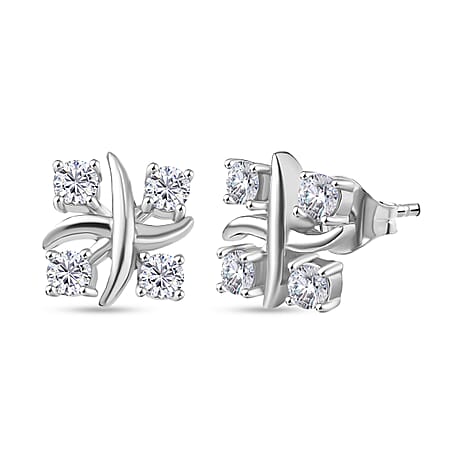D'Joy Moissanite Cluster Earring with Push Back in Platinum Overlay Sterling Silver