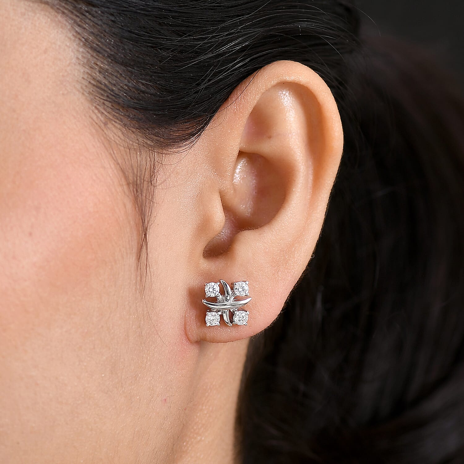 D'Joy Moissanite Cluster Earring with Push Back in Platinum Overlay Sterling Silver