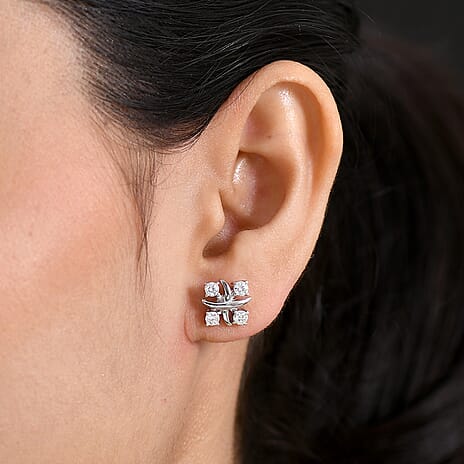 D'Joy Moissanite Cluster Earring with Push Back in Platinum Overlay Sterling Silver