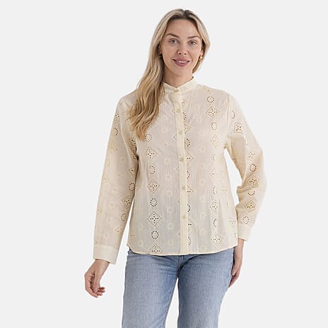 - Maisi Pure Cotton Mandarin Collar Embroidery Shirt (Size 14) - Yellow