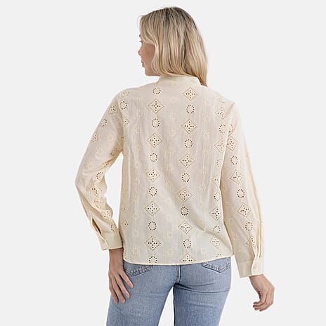 - Maisi Pure Cotton Mandarin Collar Embroidery Shirt (Size 18) - Yellow