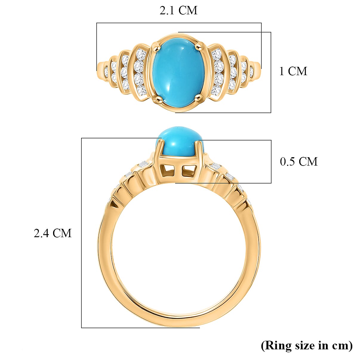 D'Joy Sleeping Beauty Turquoise & White Zircon Ring in Yellow Gold Plated Sterling Silver 1.53 Ct.