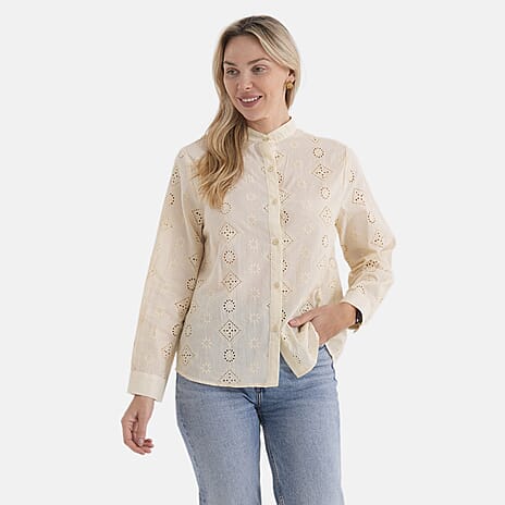 - Maisi Pure Cotton Mandarin Collar Embroidery Shirt (Size 20) - Yellow