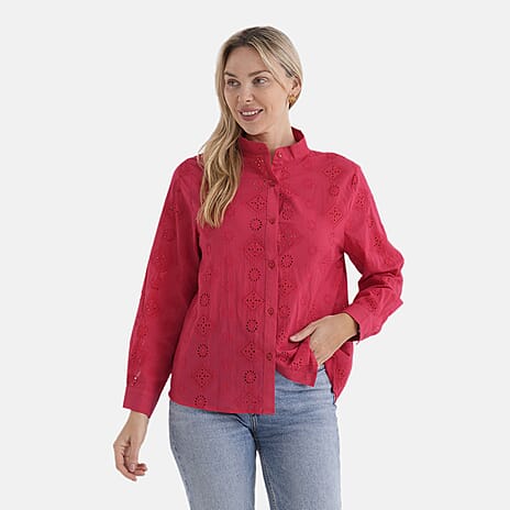- Maisi Pure Cotton Mandarin Collar Embroidery Shirt (Size 14) - Red