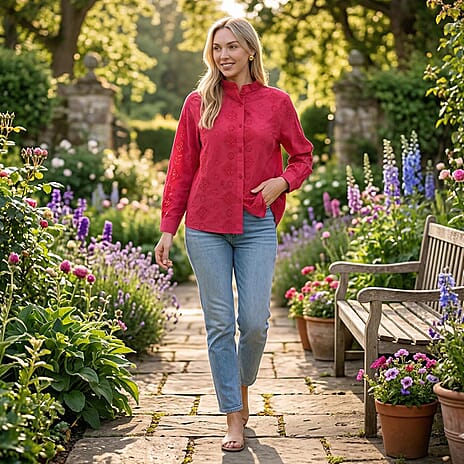 - Maisi Pure Cotton Mandarin Collar Embroidery Shirt (Size 18) - Red