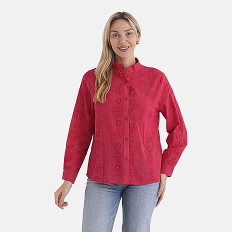 - Maisi Pure Cotton Mandarin Collar Embroidery Shirt (Size 20) - Red