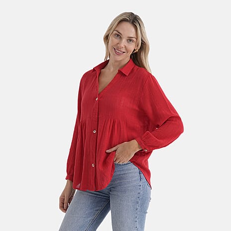 - Maisi Open V-Collar Peplum Blouse (Size S, Fit 8 To 10) - Red