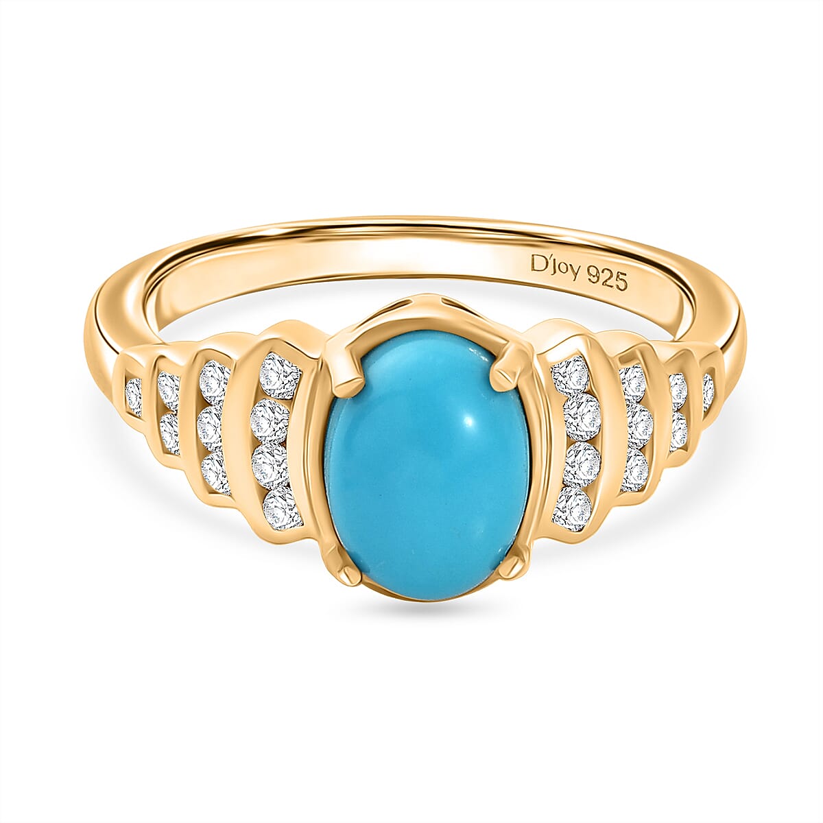 D'Joy Sleeping Beauty Turquoise, White Zircon Ring in Yellow Gold Plated Sterling Silver 1.53 Ct.