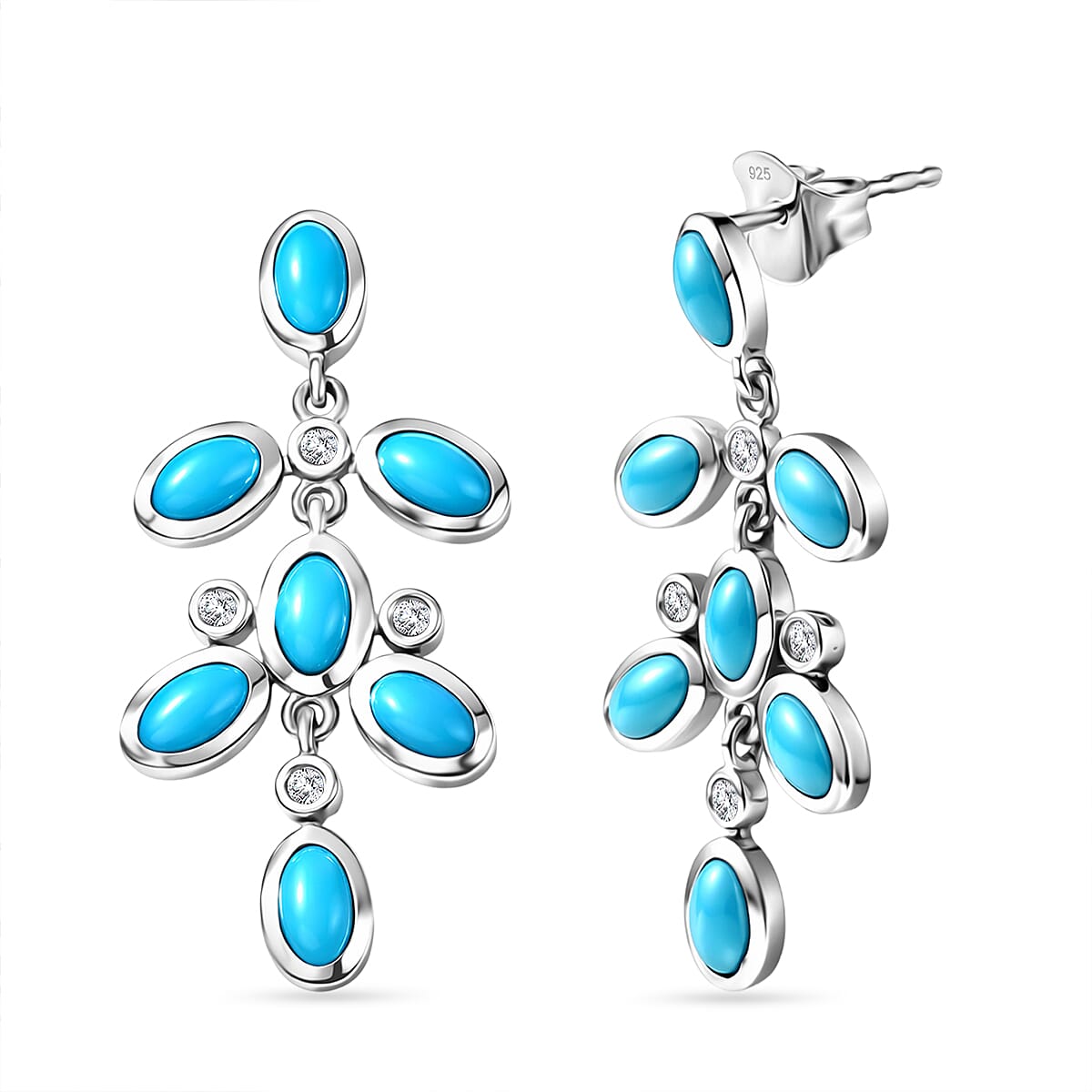 D'Joy Sleeping Beauty Turquoise & White Zircon Dangling Earring with Push Back in Rhodium Overlay Sterling Silver 3.65 Ct.