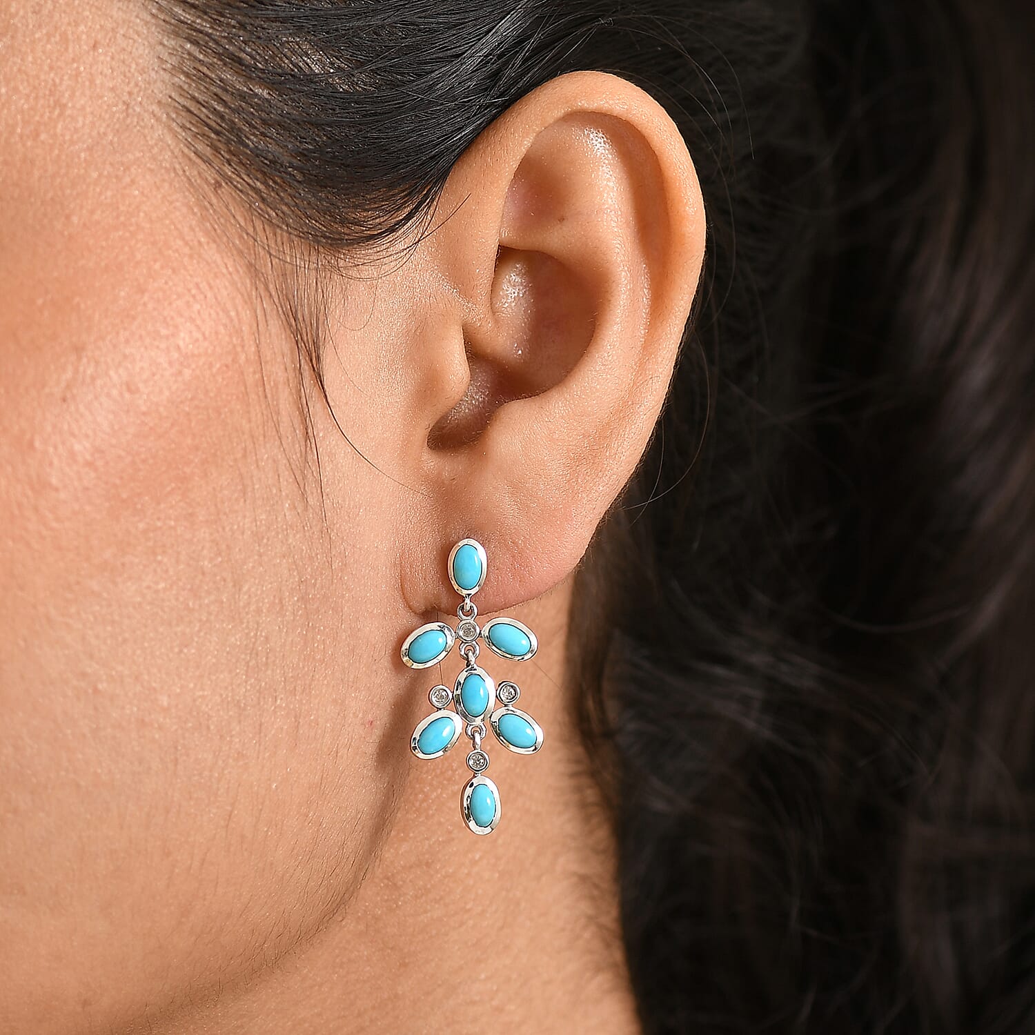 D'Joy Sleeping Beauty Turquoise & White Zircon Dangling Earring with Push Back in Rhodium Overlay Sterling Silver 3.65 Ct.