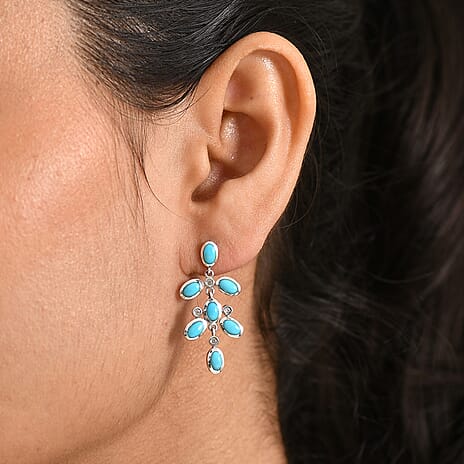 D'Joy Sleeping Beauty Turquoise & White Zircon Dangling Earring with Push Back in Rhodium Overlay Sterling Silver 3.65 Ct.