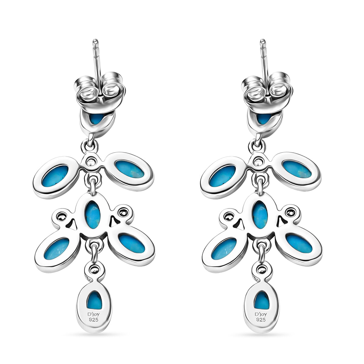 D'Joy Sleeping Beauty Turquoise & White Zircon Dangling Earring with Push Back in Rhodium Overlay Sterling Silver 3.65 Ct.