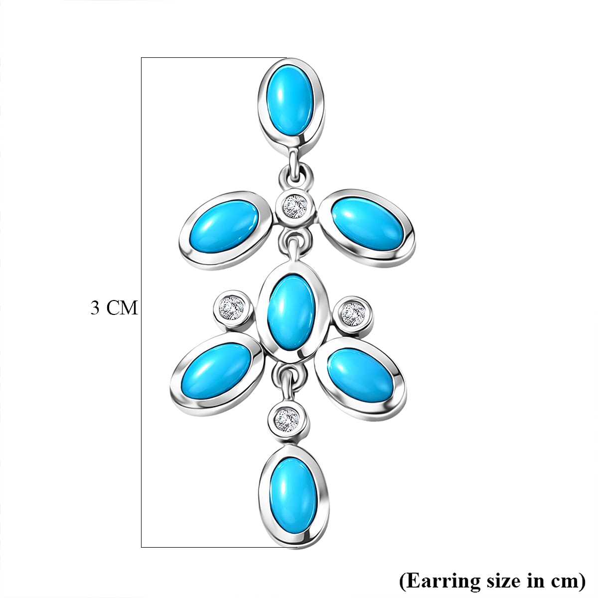 D'Joy Sleeping Beauty Turquoise & White Zircon Dangling Earring with Push Back in Rhodium Overlay Sterling Silver 3.65 Ct.