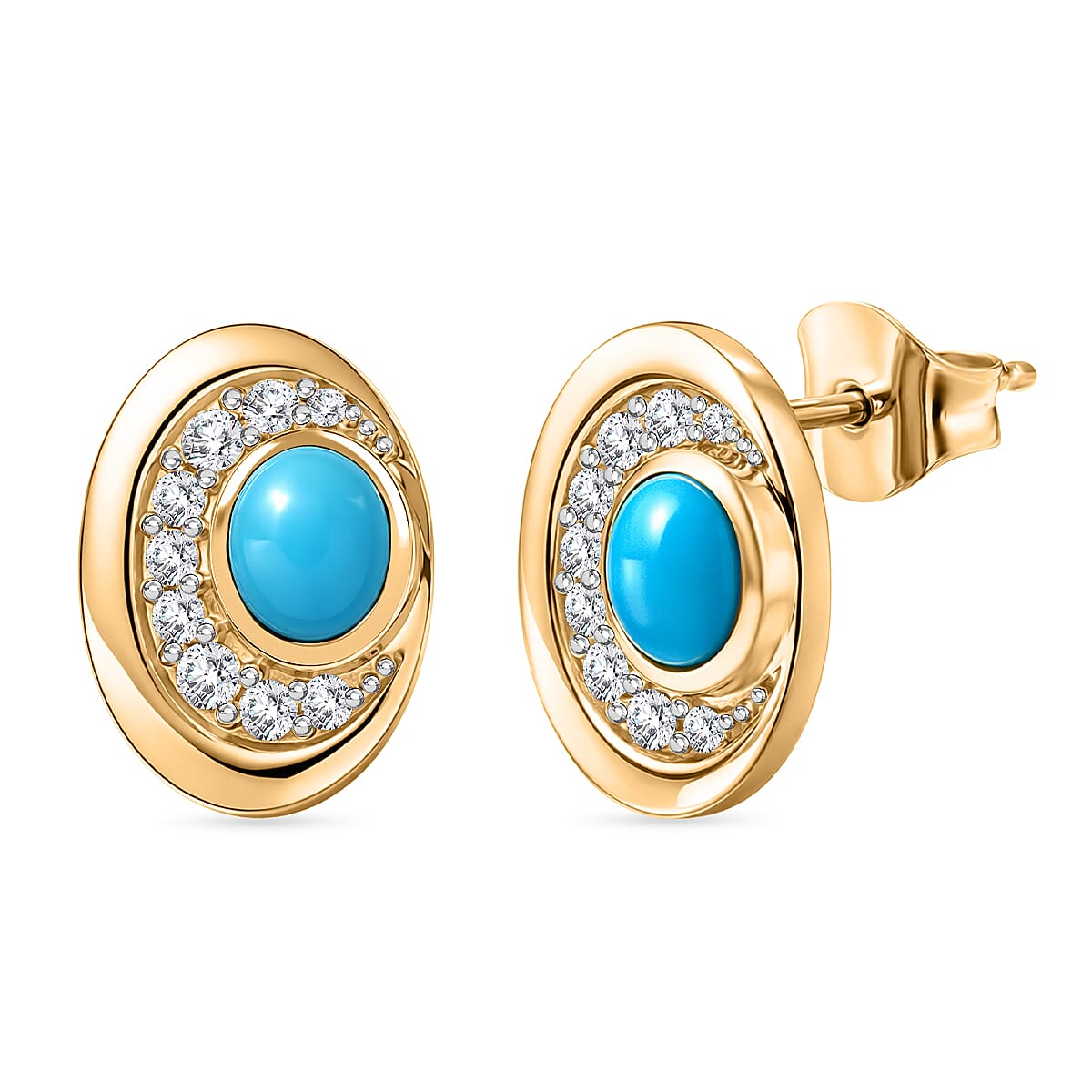 D'Joy Sleeping Beauty Turquoise & White Zircon Halo stud Earring with Push Back in Yellow Gold Plated Sterling Silver 1.12 Ct.