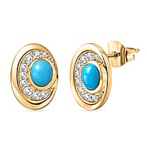 D'Joy Sleeping Beauty Turquoise & White Zircon Halo stud Earring with Push Back in Yellow Gold Plated Sterling Silver 1.12 Ct.