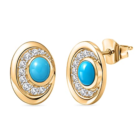 D'Joy Sleeping Beauty Turquoise & White Zircon Halo stud Earring with Push Back in Yellow Gold Plated Sterling Silver 1.12 Ct.