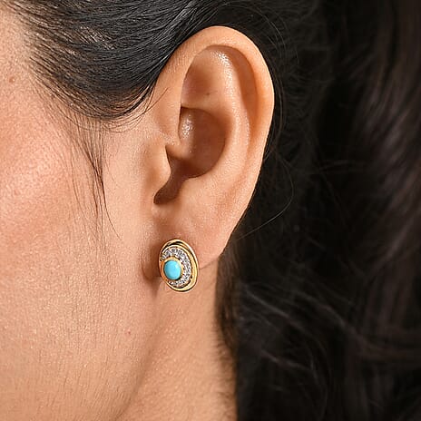 D'Joy Sleeping Beauty Turquoise & White Zircon Halo stud Earring with Push Back in Yellow Gold Plated Sterling Silver 1.12 Ct.