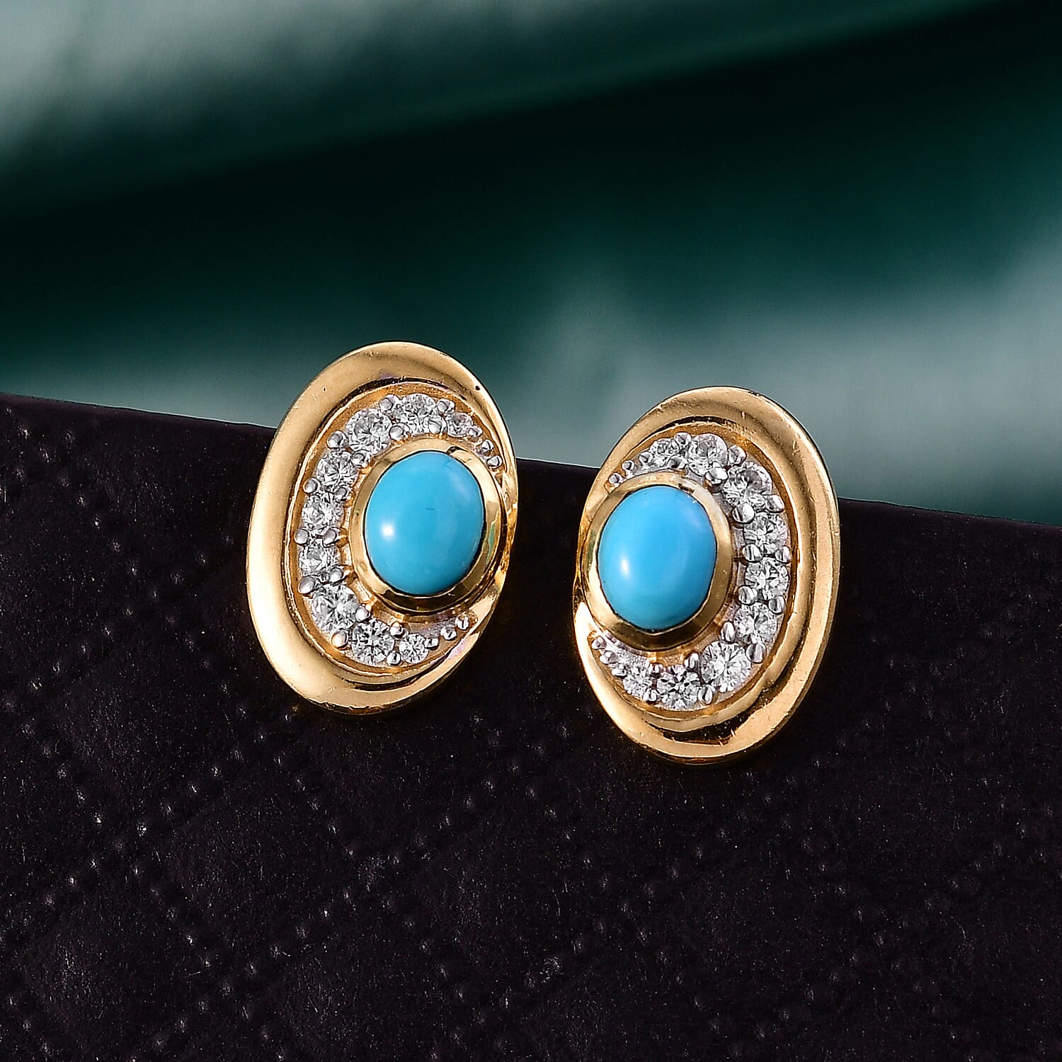 D'Joy Sleeping Beauty Turquoise & White Zircon Halo stud Earring with Push Back in Yellow Gold Plated Sterling Silver 1.12 Ct.