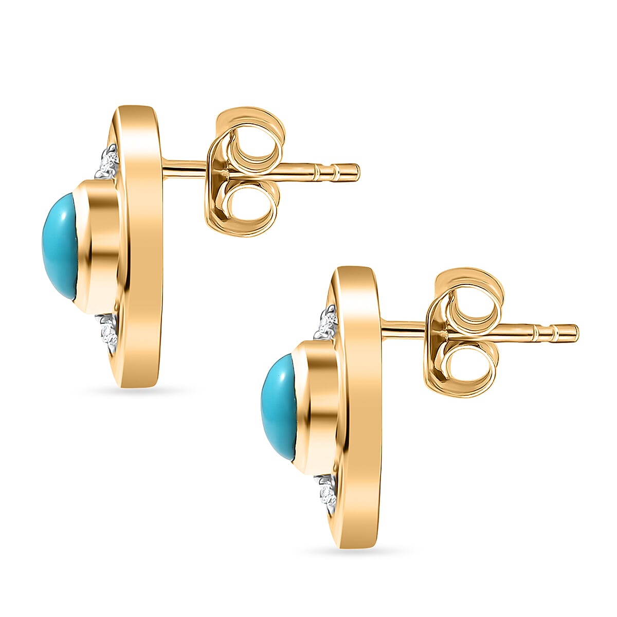 D'Joy Sleeping Beauty Turquoise & White Zircon Halo stud Earring with Push Back in Yellow Gold Plated Sterling Silver 1.12 Ct.