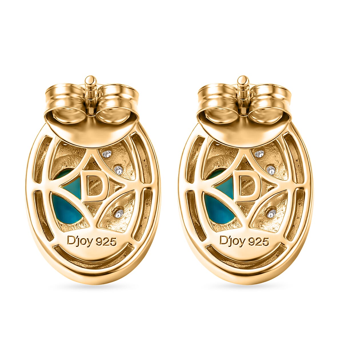 D'Joy Sleeping Beauty Turquoise & White Zircon Halo stud Earring with Push Back in Yellow Gold Plated Sterling Silver 1.12 Ct.