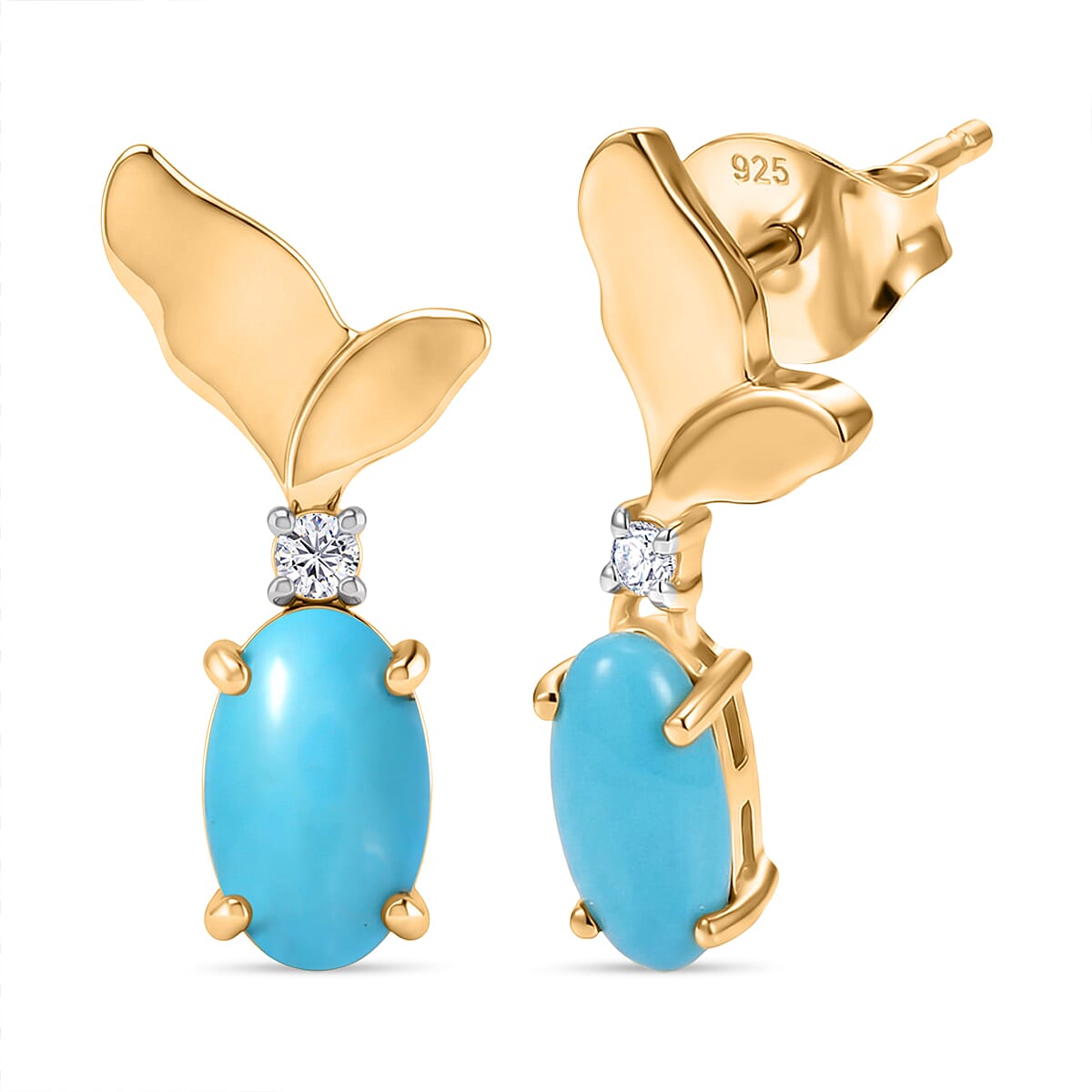 D'Joy Sleeping Beauty Turquoise & White Zircon Whisper Earring with Push Back in Yellow Gold Plated Sterling Silver 1.21 Ct.