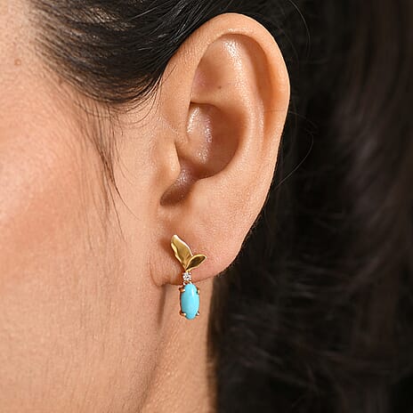 D'Joy Sleeping Beauty Turquoise & White Zircon Whisper Earring with Push Back in Yellow Gold Plated Sterling Silver 1.21 Ct.