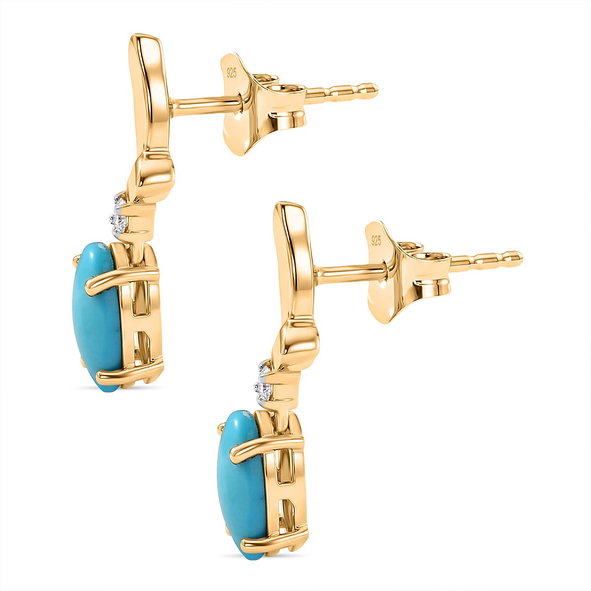 D'Joy Sleeping Beauty Turquoise & White Zircon Whisper Earring with Push Back in Yellow Gold Plated Sterling Silver 1.21 Ct.