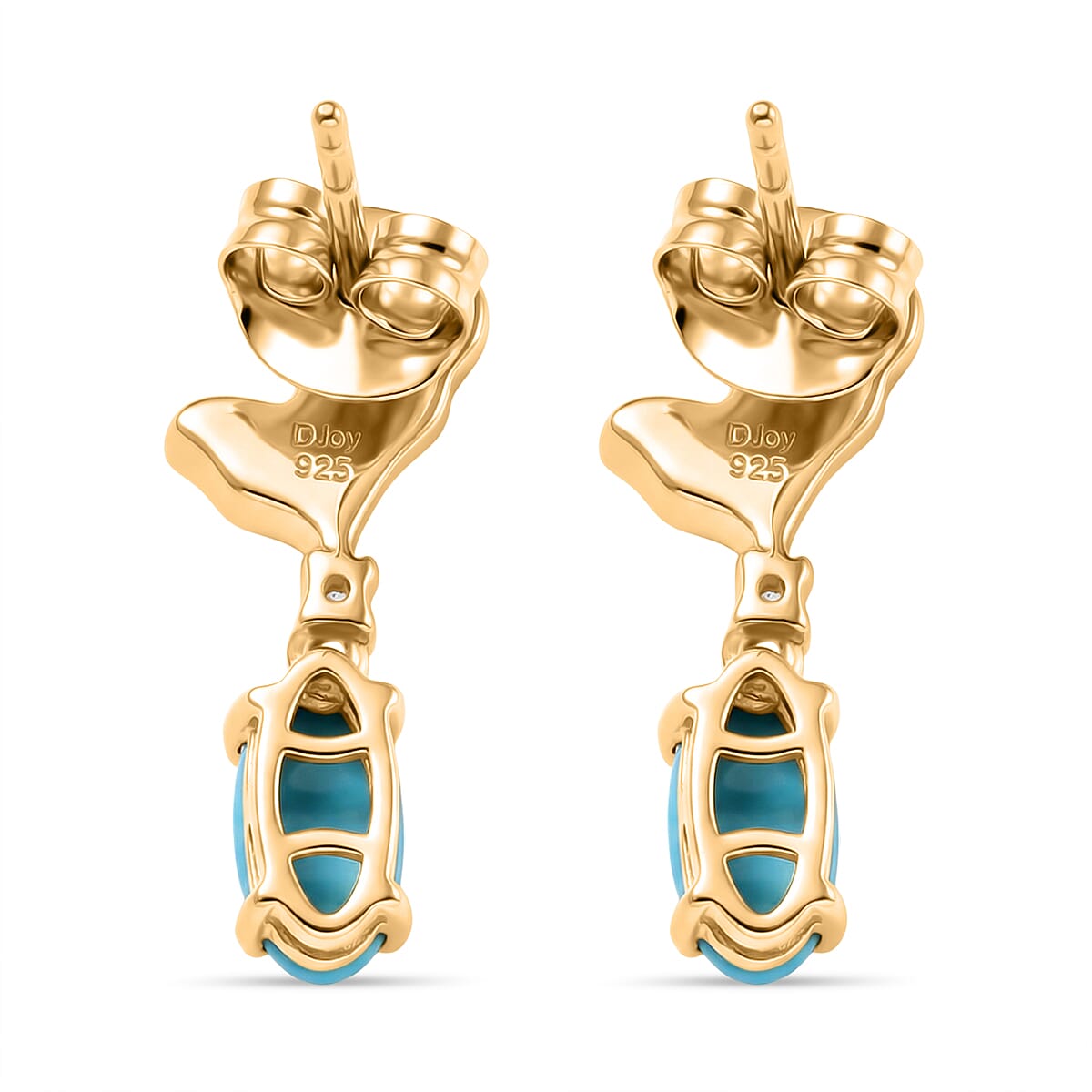 D'Joy Sleeping Beauty Turquoise & White Zircon Whisper Earring with Push Back in Yellow Gold Plated Sterling Silver 1.21 Ct.
